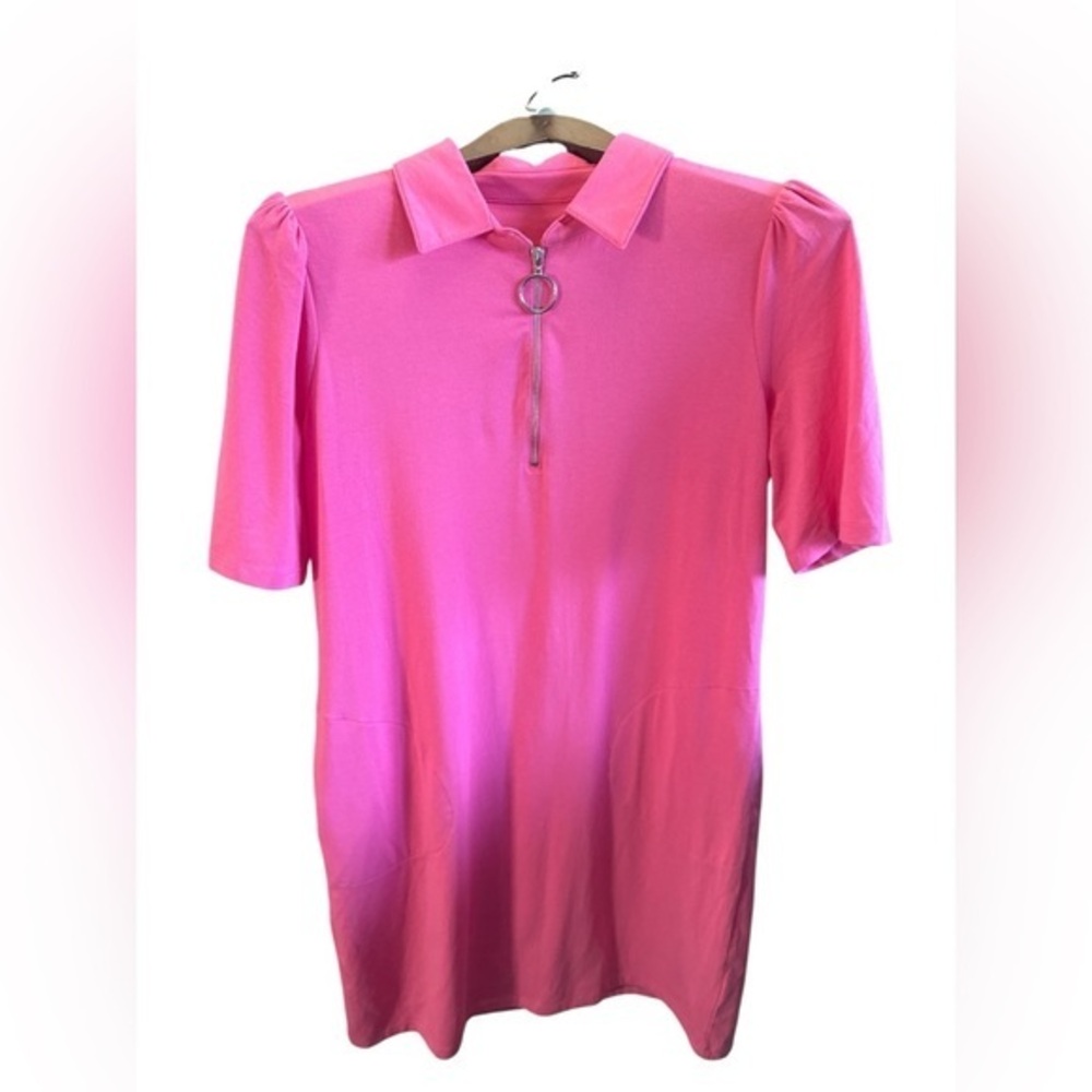 Kim Graver Bell Pink Short Sleeve Dress with O-Ring Zipper Preppy Midi Size SML